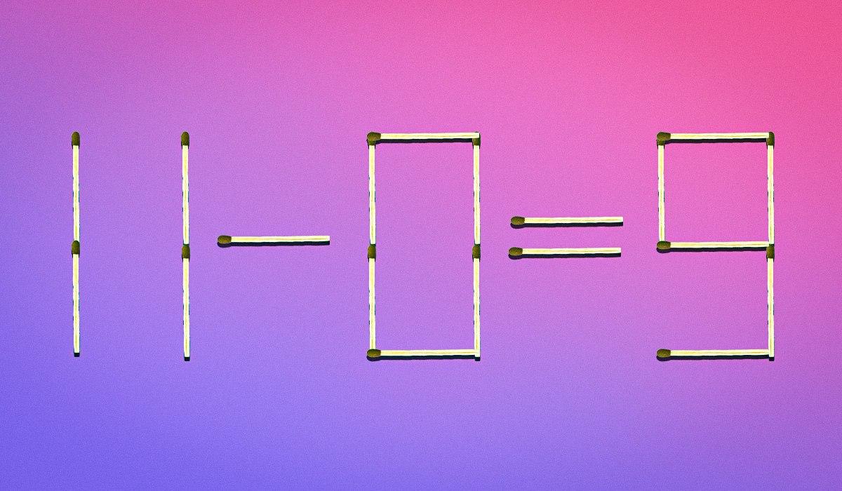 För att ekvationen ska bli korrekt måste du ta den övre vänstra tändstickan från siffran 9 och fästa den mitt på siffran 0. Detta gör att siffran 9 blir 3 och siffran 0 blir 8. Därmed får vi den korrekta ekvationen: 11 - 8 = 3.Moje collage